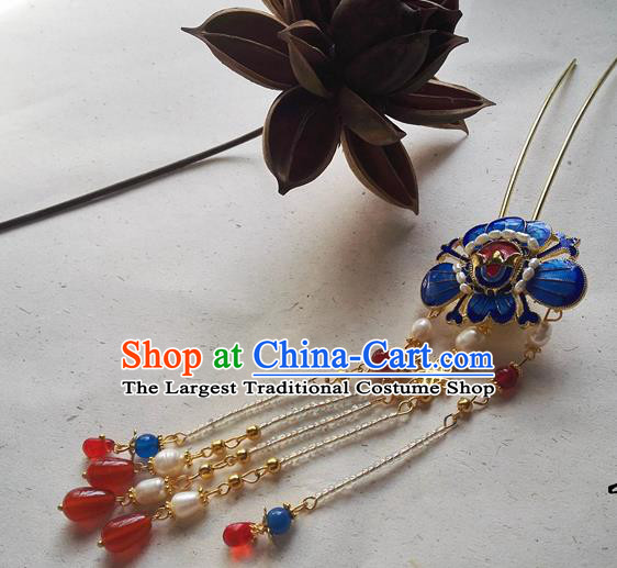 Traditional Chinese Classical Pearls Tassel Step Shake Cloisonne Hairpins Ancient Princess Hanfu Hair Accessories for Women