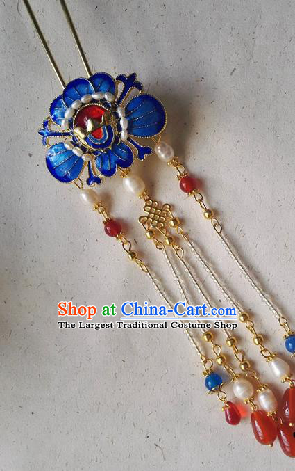 Traditional Chinese Classical Pearls Tassel Step Shake Cloisonne Hairpins Ancient Princess Hanfu Hair Accessories for Women