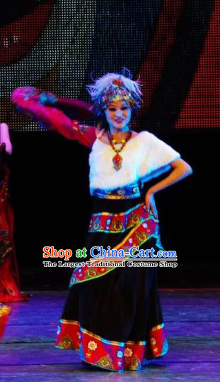 Chinese Tamrac Heaven Zang Nationality Folk Dance Black Dress Stage Performance Costume and Headpiece for Women