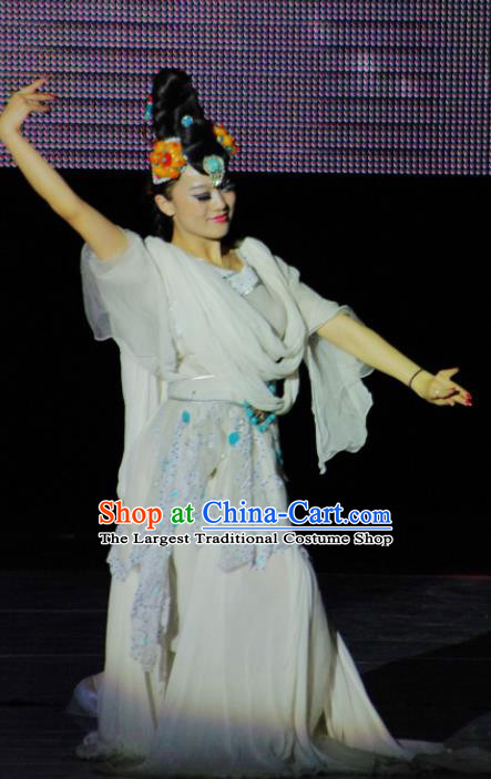 Chinese Tamrac Heaven Classical Dance White Dress Stage Performance Costume and Headpiece for Women