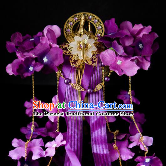 Traditional Chinese Classical Purple Flowers Hair Crown Tassel Hairpins Ancient Princess Hanfu Hair Accessories for Women