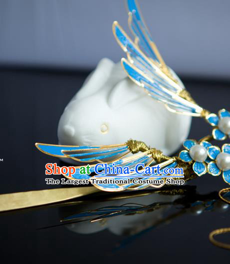 Traditional Chinese Classical Blue Wing Hairpins Ancient Princess Hanfu Hair Accessories for Women