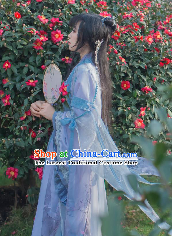 Chinese Cosplay Tang Dynasty Princess Blue Dress Ancient Female Swordsman Knight Costume for Women