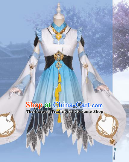 Traditional Chinese Cosplay Swordswoman Blue Short Dress Ancient Princess Heroine Costume for Women