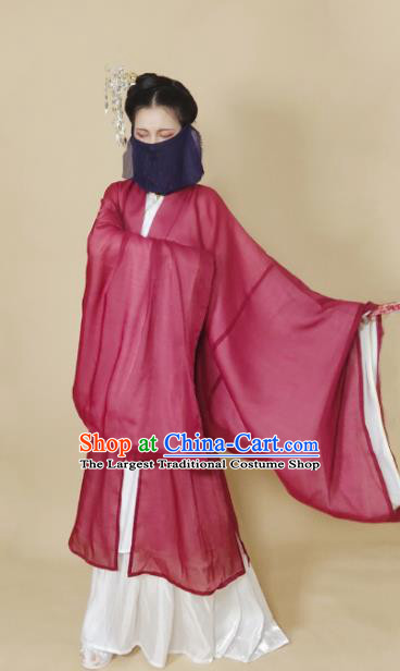 Chinese Ming Dynasty Wine Red Chiffon Cloak Ancient Female Swordsman Knight Costume for Women