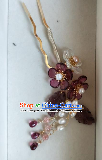 Traditional Chinese Hanfu Palace Purple Flowers Tassel Hairpins Ancient Princess Hair Accessories for Women