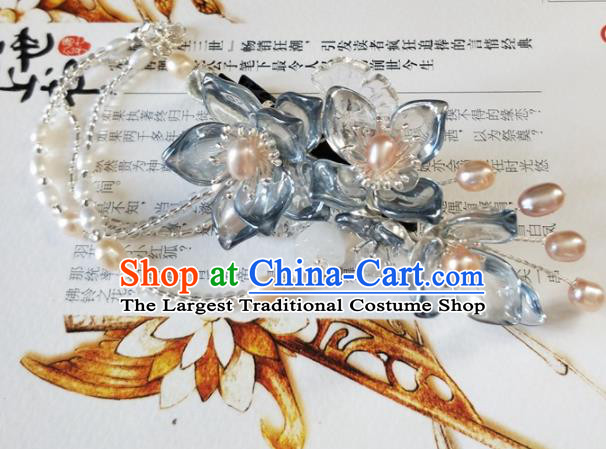 Traditional Chinese Hanfu Palace Blue Flowers Pearls Tassel Hair Claw Hairpins Ancient Princess Hair Accessories for Women