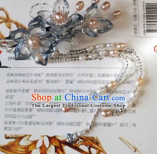 Traditional Chinese Hanfu Palace Blue Flowers Pearls Tassel Hair Claw Hairpins Ancient Princess Hair Accessories for Women