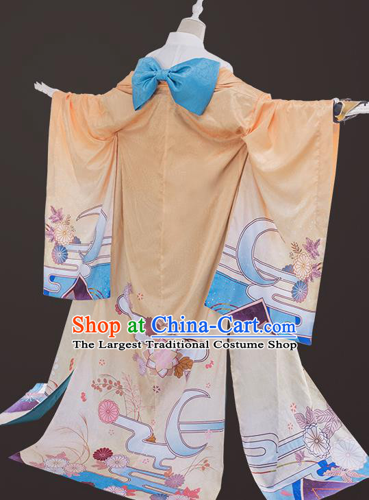 Traditional Japanese Cosplay Geisha Printing Orange Kimono Japan Yukata Dress for Women