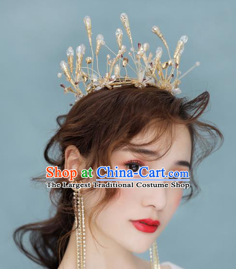 Top Grade Bride Beads Golden Round Royal Crown Handmade Wedding Hair Accessories for Women