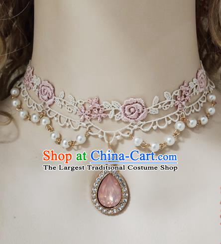 Top Grade Gothic Princess Pink Lace Rose Necklace Handmade Necklet Accessories for Women