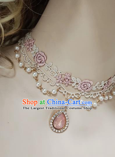 Top Grade Gothic Princess Pink Lace Rose Necklace Handmade Necklet Accessories for Women