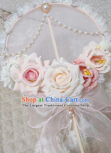 Handmade Chinese Silk Palace Fans Wedding Pink Roses Round Fan for Women