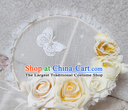 Handmade Chinese Silk Palace Fans Wedding Beige Roses Round Fan for Women