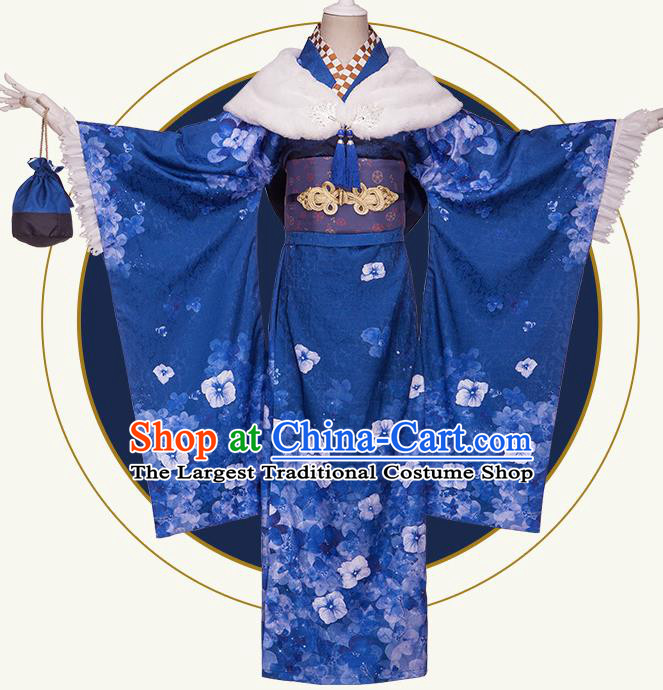 Traditional Japanese Cosplay Geisha Printing Blue Kimono Japan Yukata Dress for Women