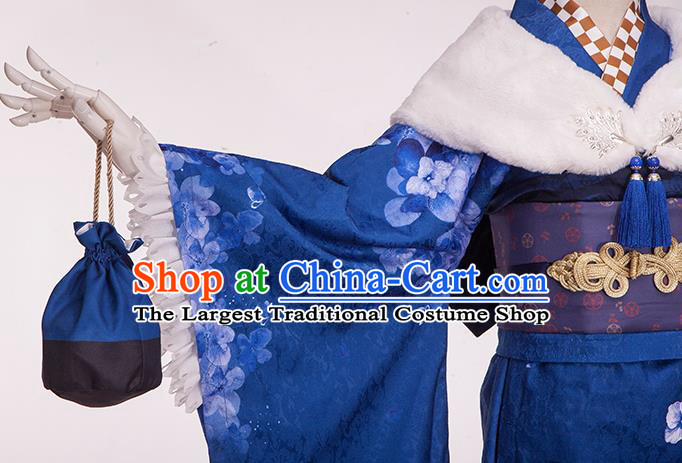 Traditional Japanese Cosplay Geisha Printing Blue Kimono Japan Yukata Dress for Women