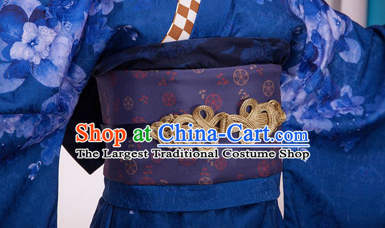 Traditional Japanese Cosplay Geisha Printing Blue Kimono Japan Yukata Dress for Women