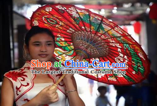Chinese Handmade Printing Dragon Phoenix Red Oil Paper Umbrella Traditional Decoration Umbrellas