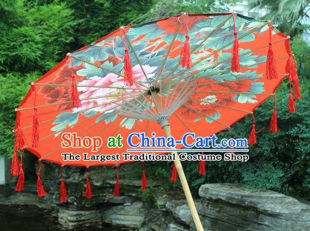 Handmade Chinese Printing Peony Red Tassel Silk Umbrella Traditional Classical Dance Decoration Umbrellas
