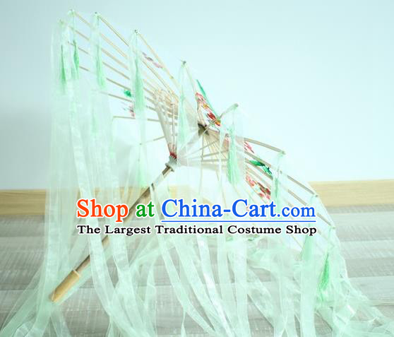 Handmade Chinese Printing Flowers Green Ribbon Silk Umbrella Traditional Classical Dance Decoration Umbrellas