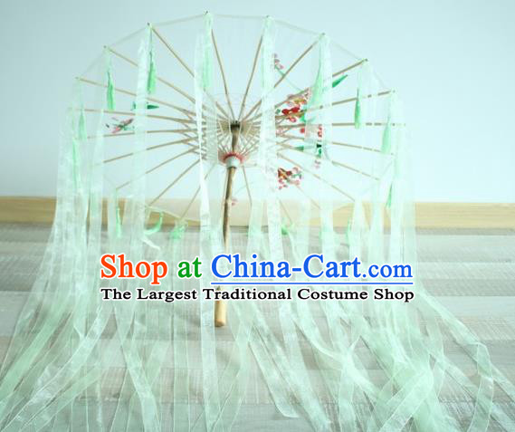Handmade Chinese Printing Flowers Green Ribbon Silk Umbrella Traditional Classical Dance Decoration Umbrellas