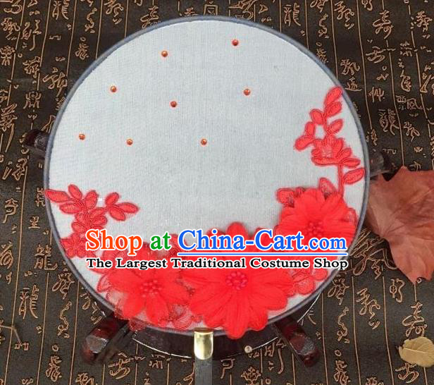 Handmade Chinese Classical Hanfu Red Flowers Silk Round Fan Traditional Palace Fans