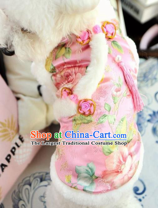 Traditional Asian Chinese Winter Dog Pink Brocade Costumes for New Year