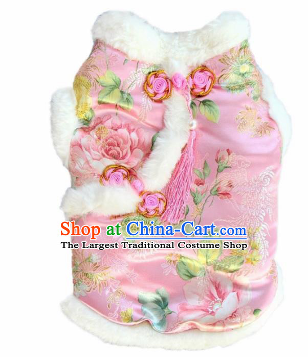 Traditional Asian Chinese Winter Dog Pink Brocade Costumes for New Year