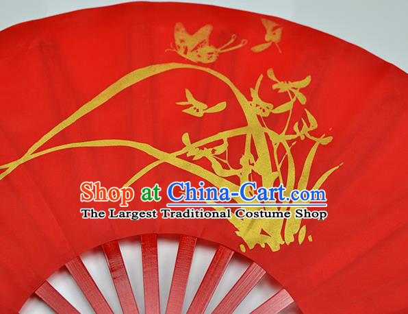 Chinese Handmade Printing Orchid Red Kung Fu Fans Accordion Fan Traditional Decoration Folding Fan