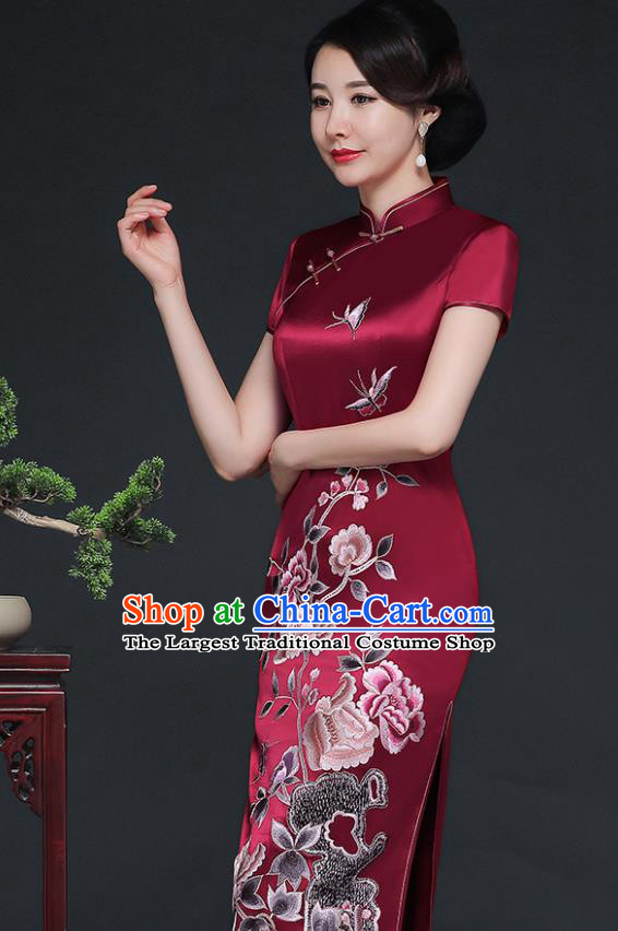 Traditional Chinese Embroidered Peony Purplish Red Silk Cheongsam Mother Tang Suit Qipao Dress for Women