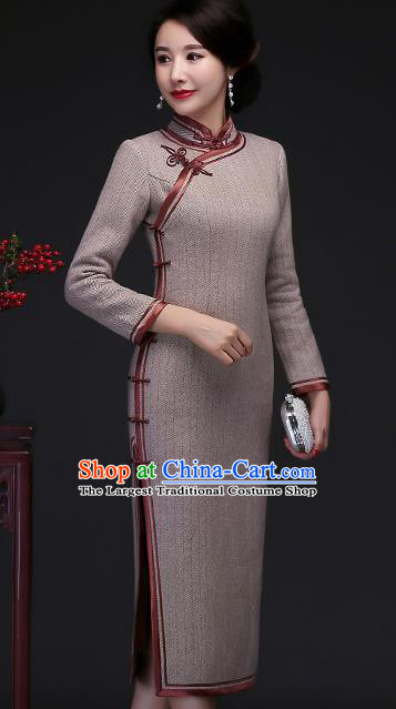 Traditional Chinese Khaki Woolen Cheongsam Mother Tang Suit Qipao Dress for Women