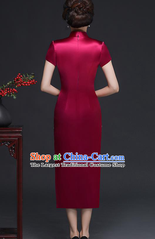 Traditional Chinese Embroidered Wine Red Silk Cheongsam Mother Tang Suit Qipao Dress for Women