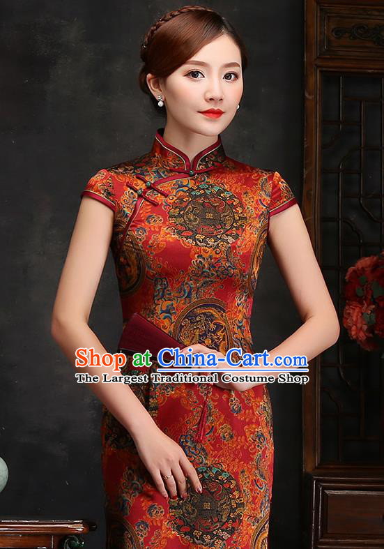 Traditional Chinese Dragon and Phoenix Pattern Silk Cheongsam Mother Tang Suit Qipao Dress for Women