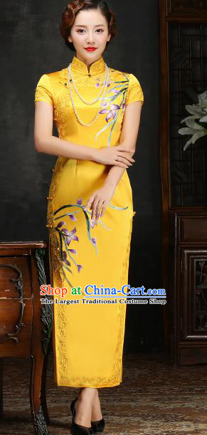 Traditional Chinese Embroidered Orchid Yellow Silk Cheongsam Mother Tang Suit Qipao Dress for Women