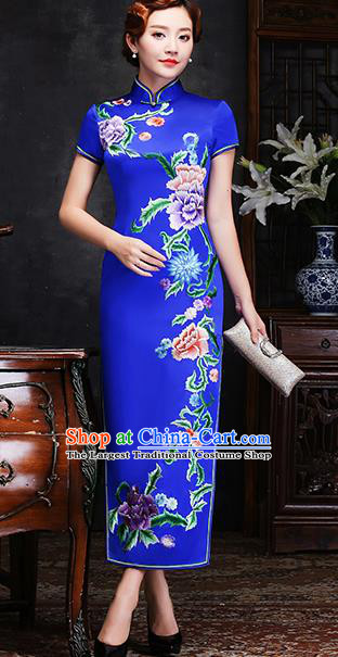 Traditional Chinese Embroidered Peony Royalblue Silk Cheongsam Mother Tang Suit Qipao Dress for Women