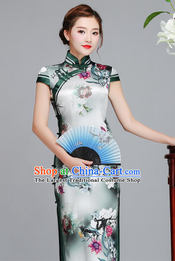 Traditional Chinese Printing Flowers Light Green Silk Cheongsam Mother Tang Suit Qipao Dress for Women