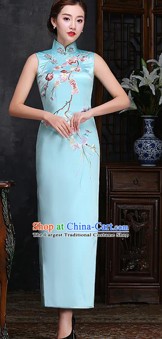 Traditional Chinese Embroidered Plum Blue Silk Cheongsam Mother Tang Suit Qipao Dress for Women