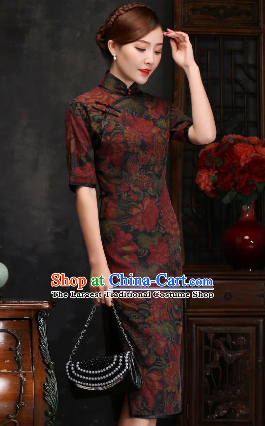 Traditional Chinese Printing Lotus Silk Cheongsam Mother Tang Suit Qipao Dress for Women