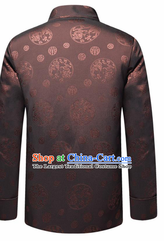 Traditional Chinese Dragon Pattern Brown Brocade Cotton Padded Coat New Year Tang Suit Overcoat for Old Men