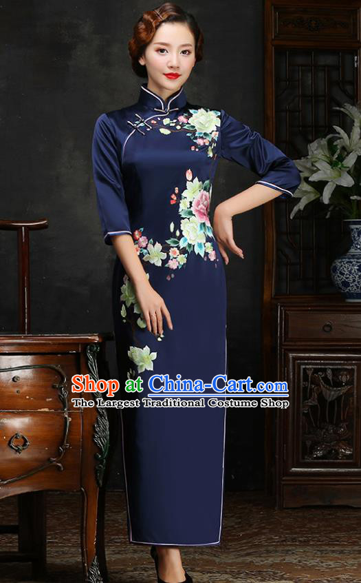Traditional Chinese Embroidered Peony Navy Silk Cheongsam Mother Tang Suit Qipao Dress for Women