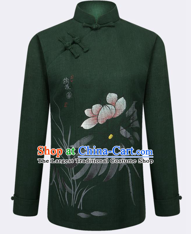 Traditional Chinese Tang Suit Printing Lotus Deep Green Blouse Tai Chi Training Costumes for Old Women