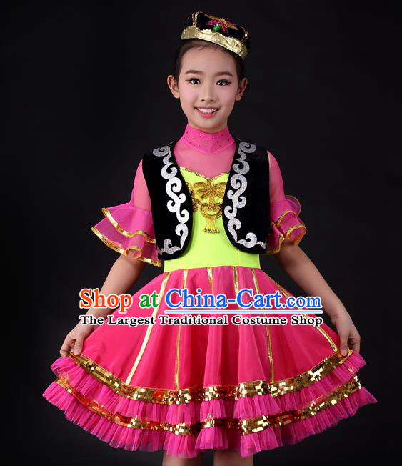 Traditional Chinese Child Xinjiang Uyghur Nationality Rosy Dress Ethnic Minority Folk Dance Costume for Kids