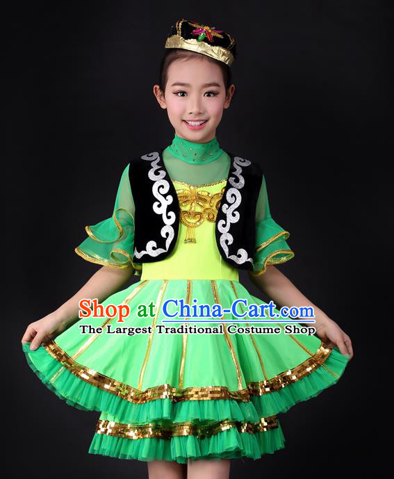 Traditional Chinese Child Xinjiang Uyghur Nationality Green Dress Ethnic Minority Folk Dance Costume for Kids