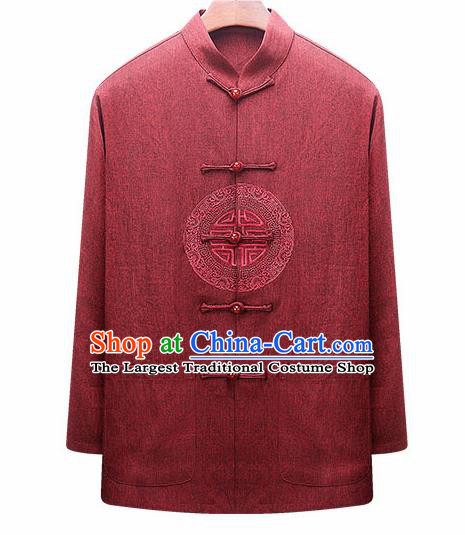 Traditional Chinese Red Woolen Jacket New Year Tang Suit Overcoat for Old Men