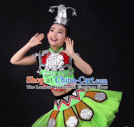 Traditional Chinese Child Miao Nationality Green Short Skirt Ethnic Minority Folk Dance Costume for Kids