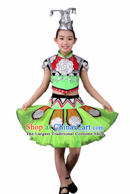 Traditional Chinese Child Miao Nationality Green Short Skirt Ethnic Minority Folk Dance Costume for Kids