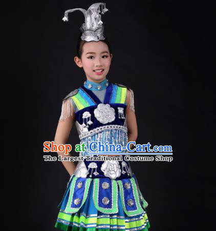 Traditional Chinese Child Miao Nationality Royalblue Short Skirt Ethnic Minority Folk Dance Costume and Headpiece for Kids
