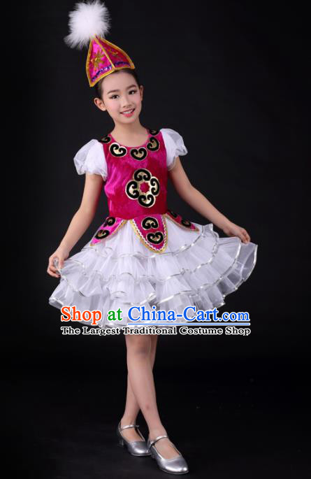 Traditional Chinese Child Kazak Nationality Short Dress Ethnic Minority Folk Dance Costume for Kids