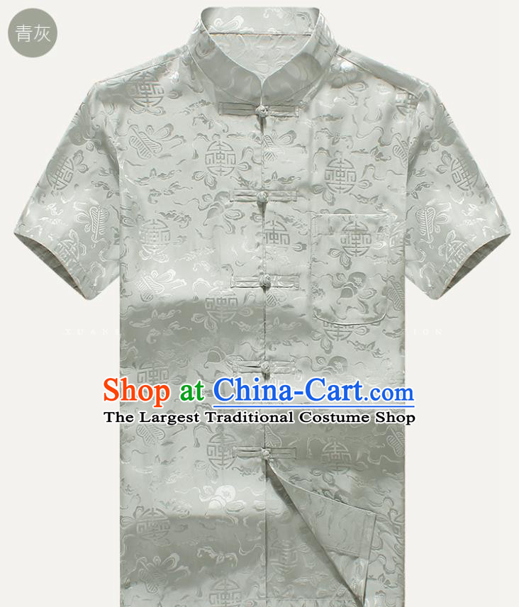 Traditional Chinese Tang Suit Light Grey Silk Shirt Tai Chi Training Costumes for Old Men