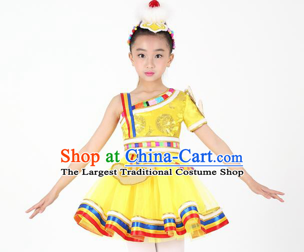 Traditional Chinese Child Zang Nationality Yellow Short Dress Ethnic Minority Folk Dance Costume for Kids